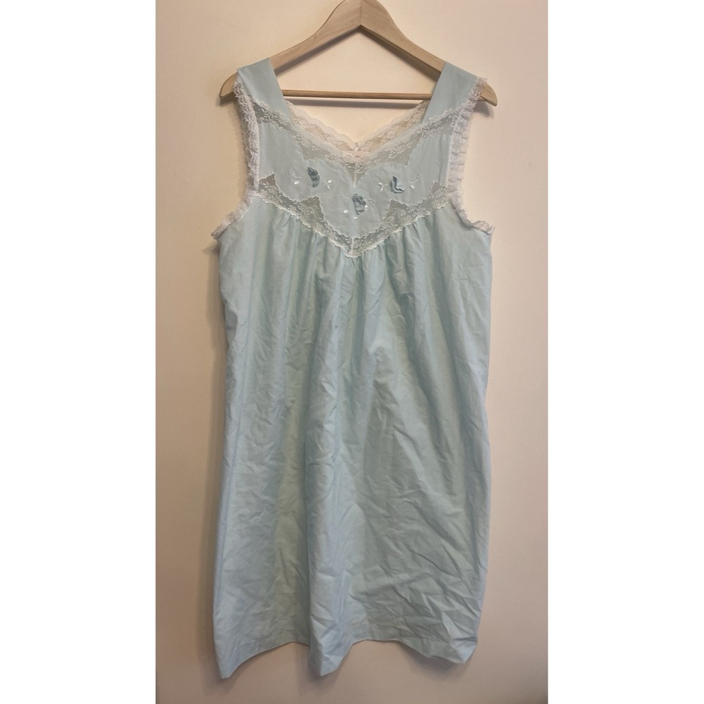 Vintage Barbizon Sleeveless Nightgown Women Medium Blue Lace Beaded Lightweight